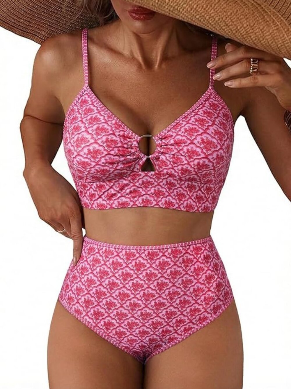 NWOT Women's O Ring Bikini Set 2 Piece Floral Print Swimsuits High Waisted SZ XL